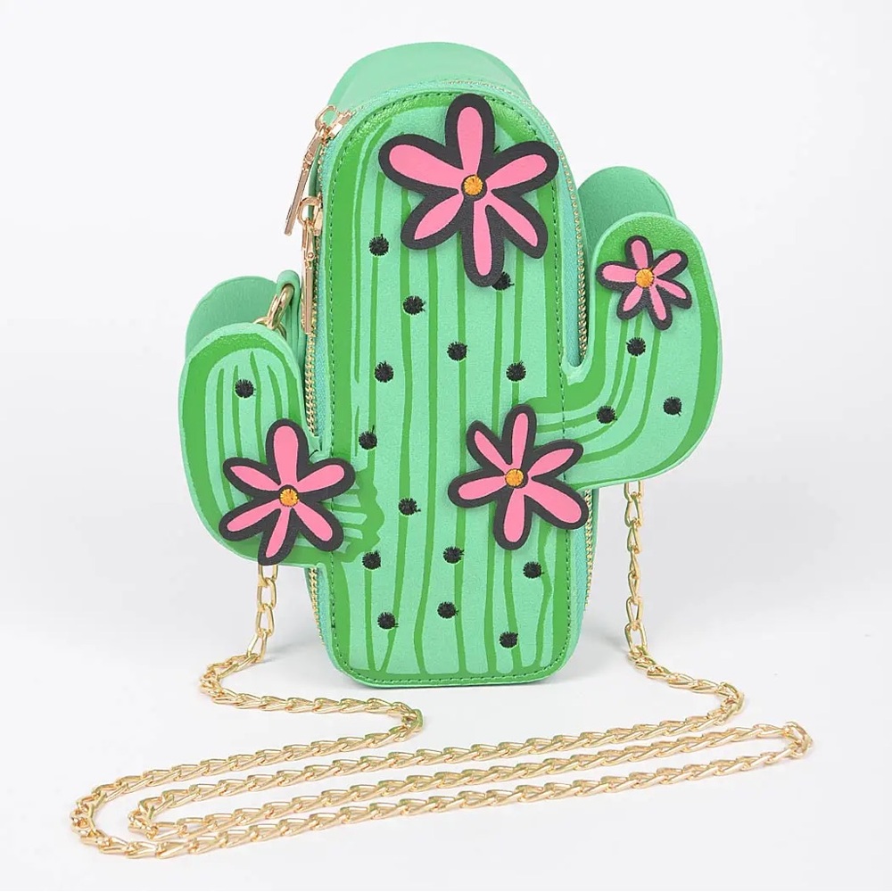Vegan Leather Cactus-Shaped Green Bag with Gold Chain